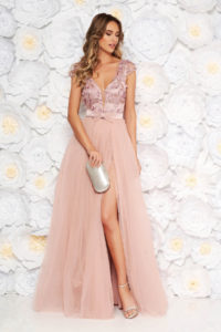 Rochie Artista lila de ocazie cu bust buretat din tul captusita pe interior cu aplicatii florale cu efect 3d