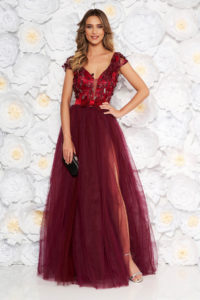 Rochie Artista visinie de ocazie in clos cu bust buretat din tul si dantela cu aplicatii florale cu efect 3D