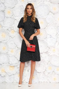 Rochie StarShinerS neagra de zi in clos din voal cu buline accesorizata cu cordon