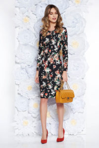 Rochie StarShinerS neagra de zi midi cu un croi mulat din material usor elastic cu imprimeu floral