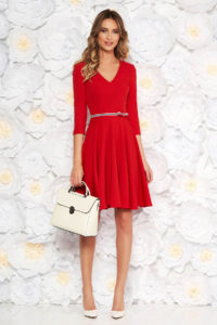 Rochie StarShinerS rosie de zi in clos din material elastic cu decolteu in v si maneci trei-sferturi