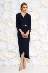 Rochie albastra-inchis eleganta din stofa subtire usor elastica captusita pe interior cu accesoriu tip curea