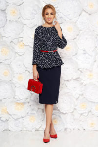 Rochie albastra-inchis eleganta tip creion din stofa usor elastica cu peplum cu accesoriu tip curea