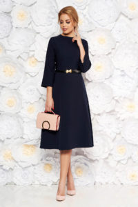 Rochie albastra-inchis office in clos din bumbac usor elastic cu buzunare cu accesoriu tip curea