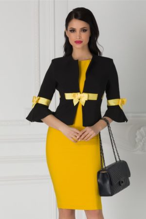 Compleu de ocazie elegant cu sacou negru si rochie galbena pentru femei plinute LaDonna