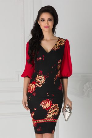 Rochie midi neagra eleganta cu imprimeu floral rosu-auriu LaDonna