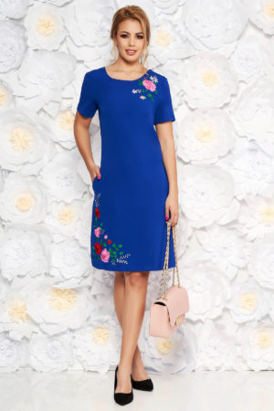 Rochie midi dreapta albastra de zi cu broderie florala colorata realizata din bumbac fin elegant SunShine
