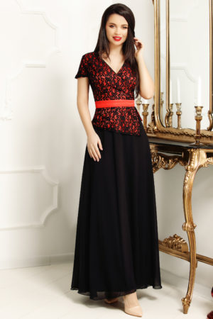 Rochie de seara lunga neagra cu dantela rosie pentru femei plinute Jasmine