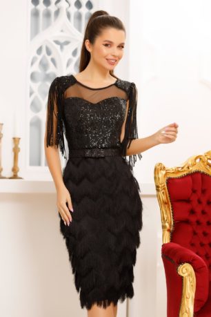 Rochie de seara neagra eleganta cu aplicatii de paiete si fusta conica mulata Irena