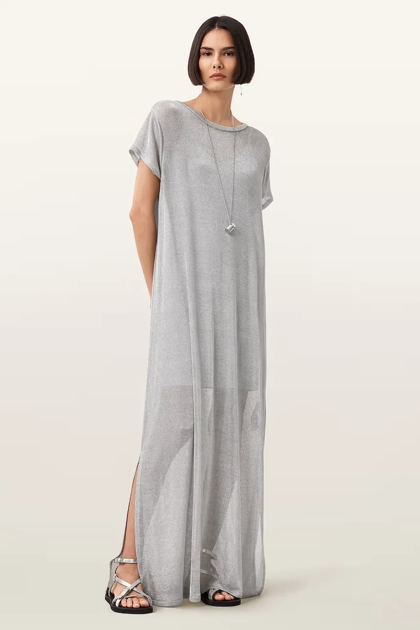 AllSaints rochie THEA culoarea argintiu
