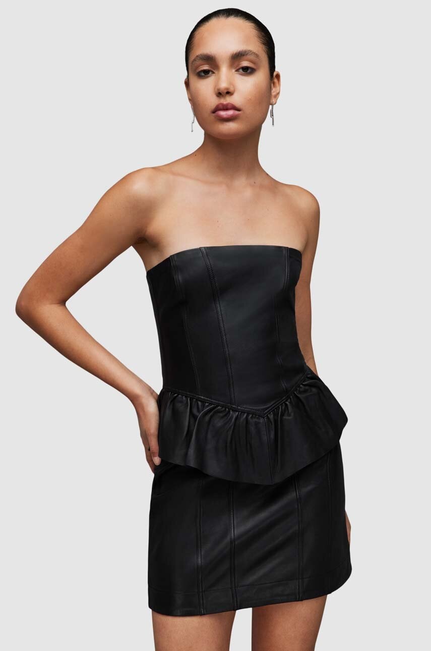 AllSaints rochie de piele WL068Z CASSIE LEA RUFFLE DR culoarea negru