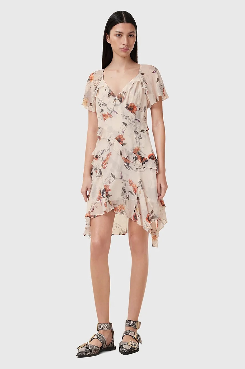 AllSaints rochie din amestec de matase DARMA culoarea bej