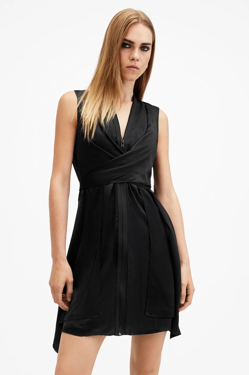 AllSaints rochie din amestec de matase JAYDA culoarea negru