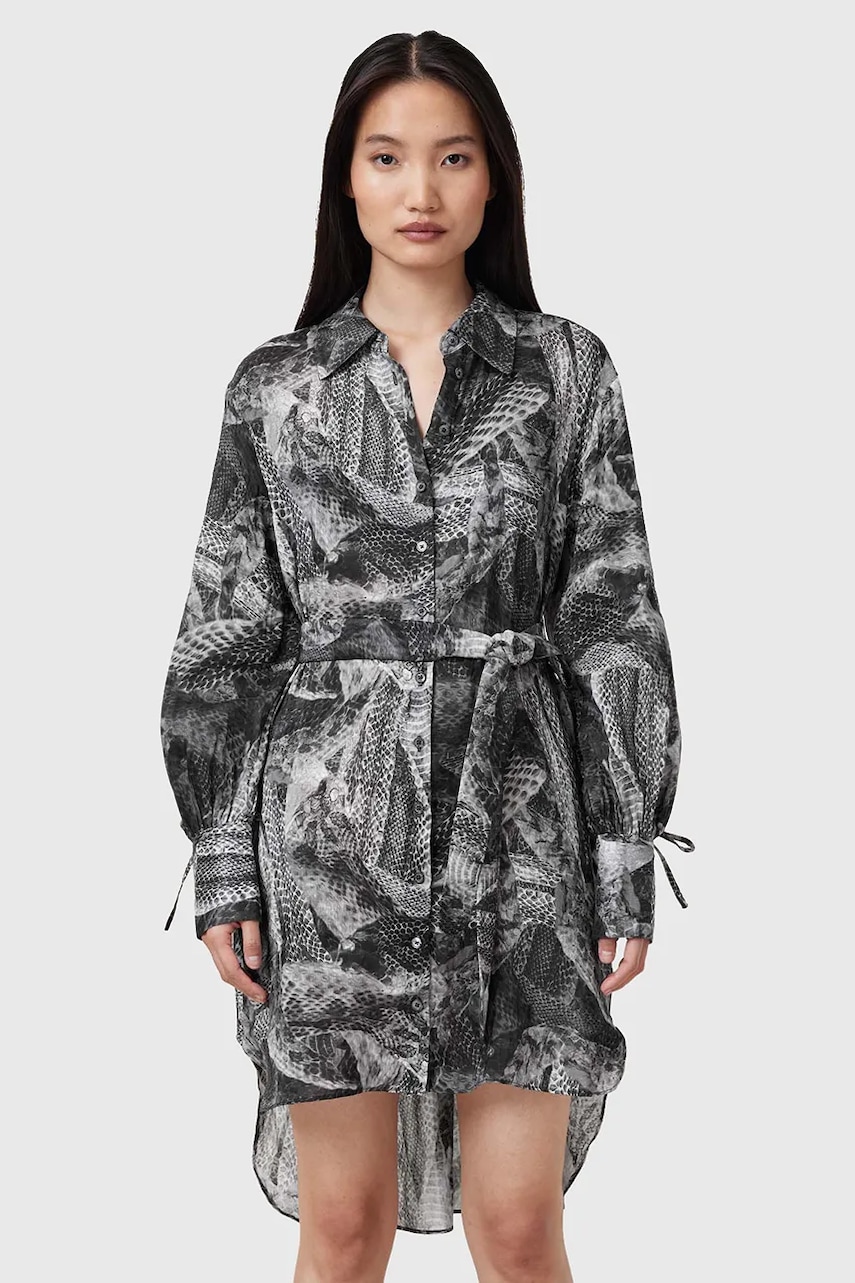 AllSaints rochie din amestec de matase LEYLA culoarea gri