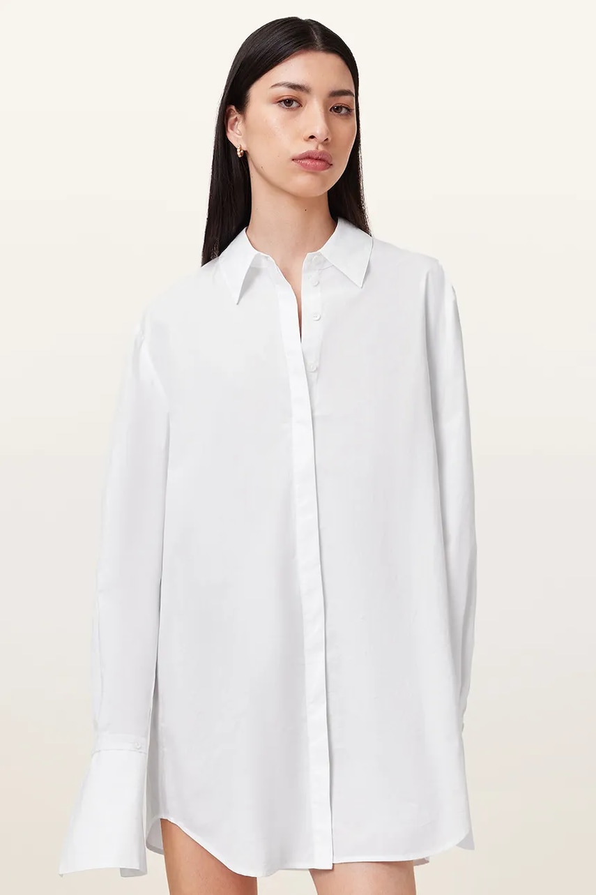 AllSaints rochie din bumbac ALBER culoarea alb