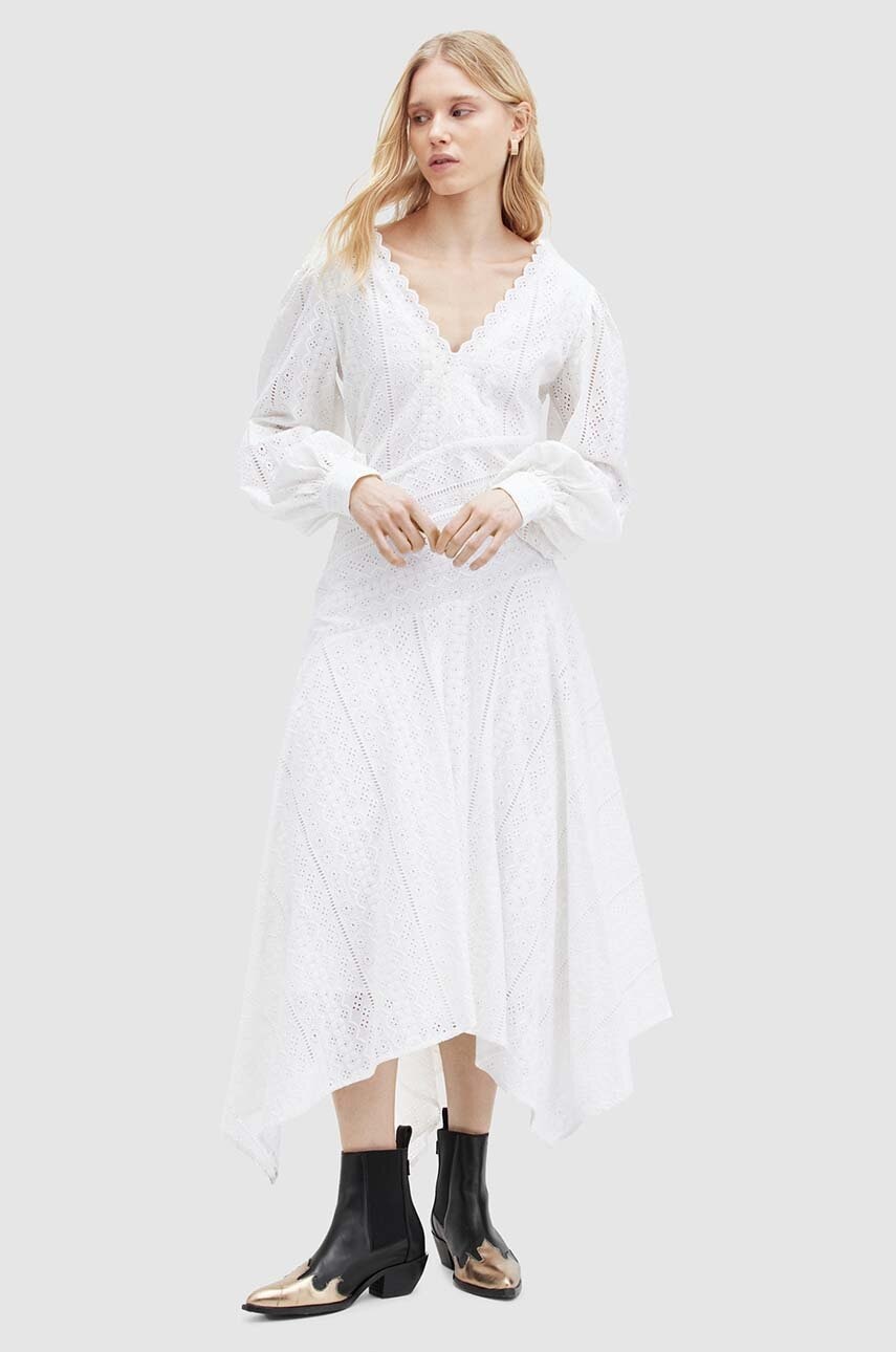 AllSaints rochie din bumbac AVIANA BRODERIE DRES culoarea alb