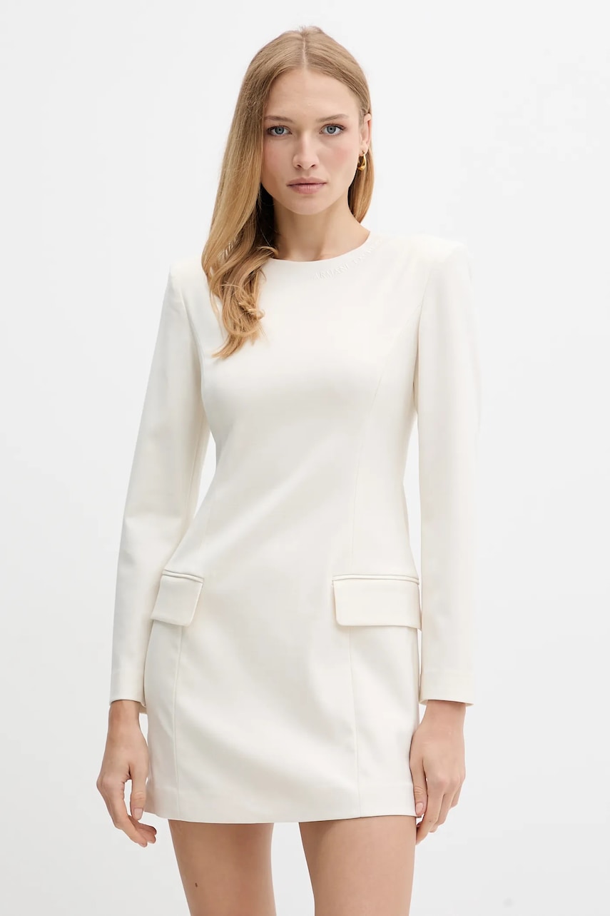 Armani Exchange rochie din amestec de lână culoarea bej
