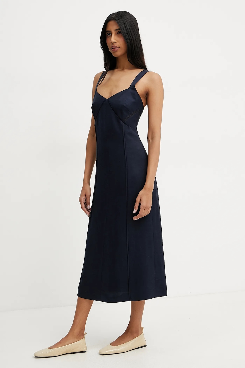 BOSS rochie din amestec de in culoarea bleumarin