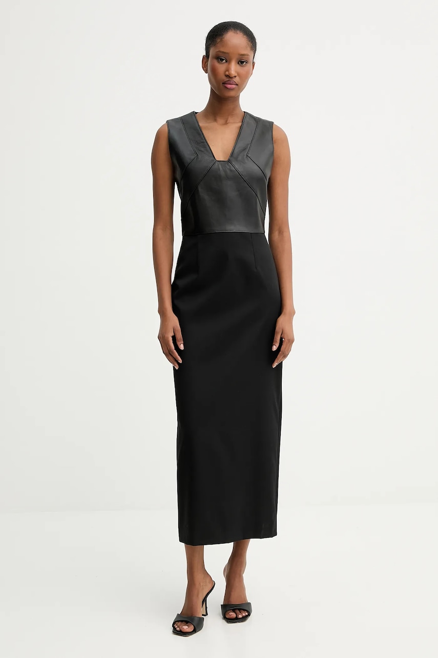BOSS rochie din amestec de lână culoarea negru