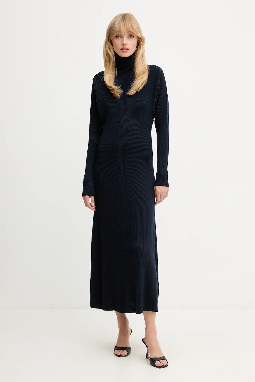 BOSS rochie din lână culoarea bleumarin