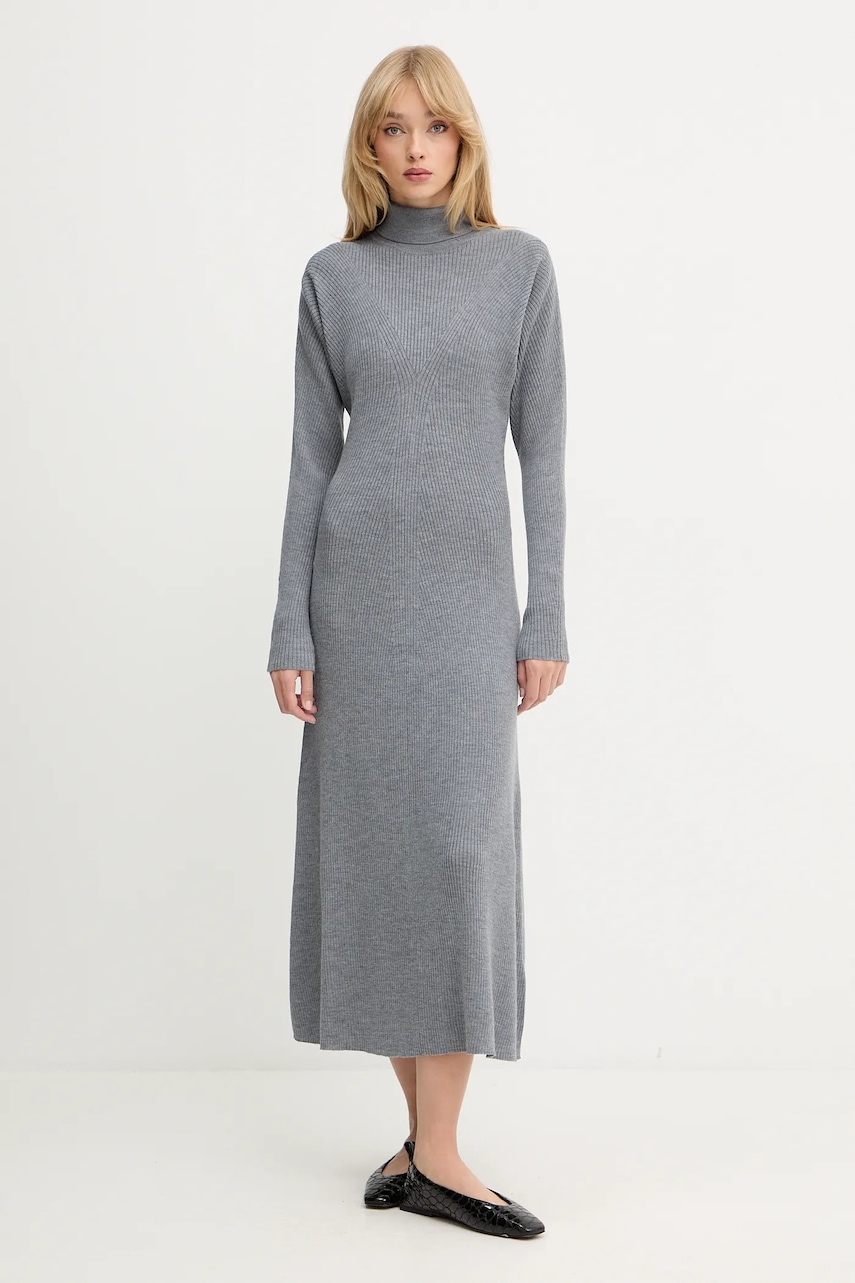 BOSS rochie din lână culoarea gri