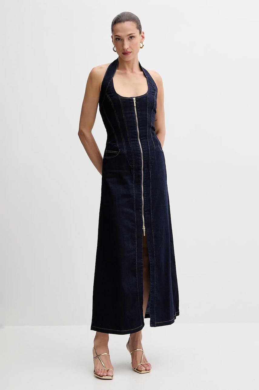 Bardot rochie jeans culoarea bleumarin