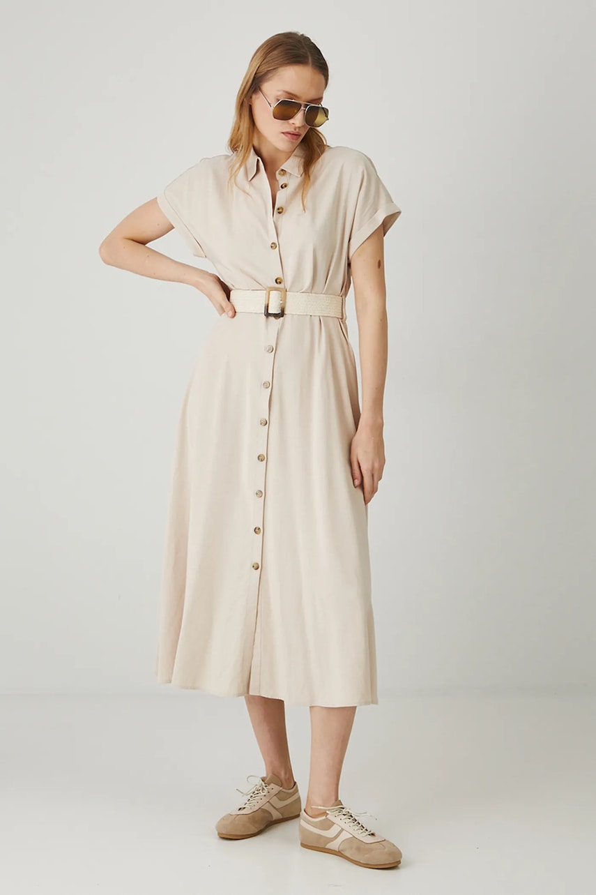 Medicine rochie din amestec de in culoarea bej