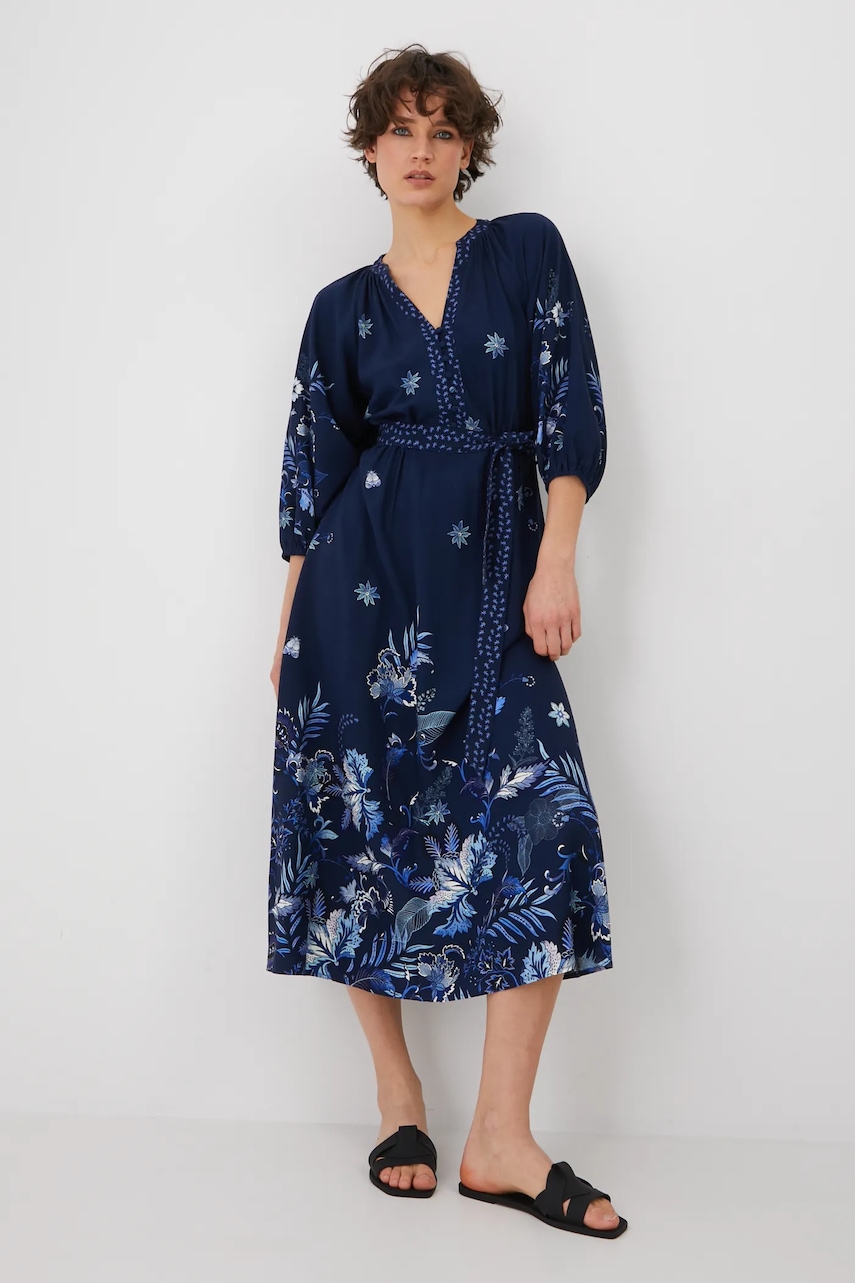 Medicine rochie din amestec de in culoarea bleumarin