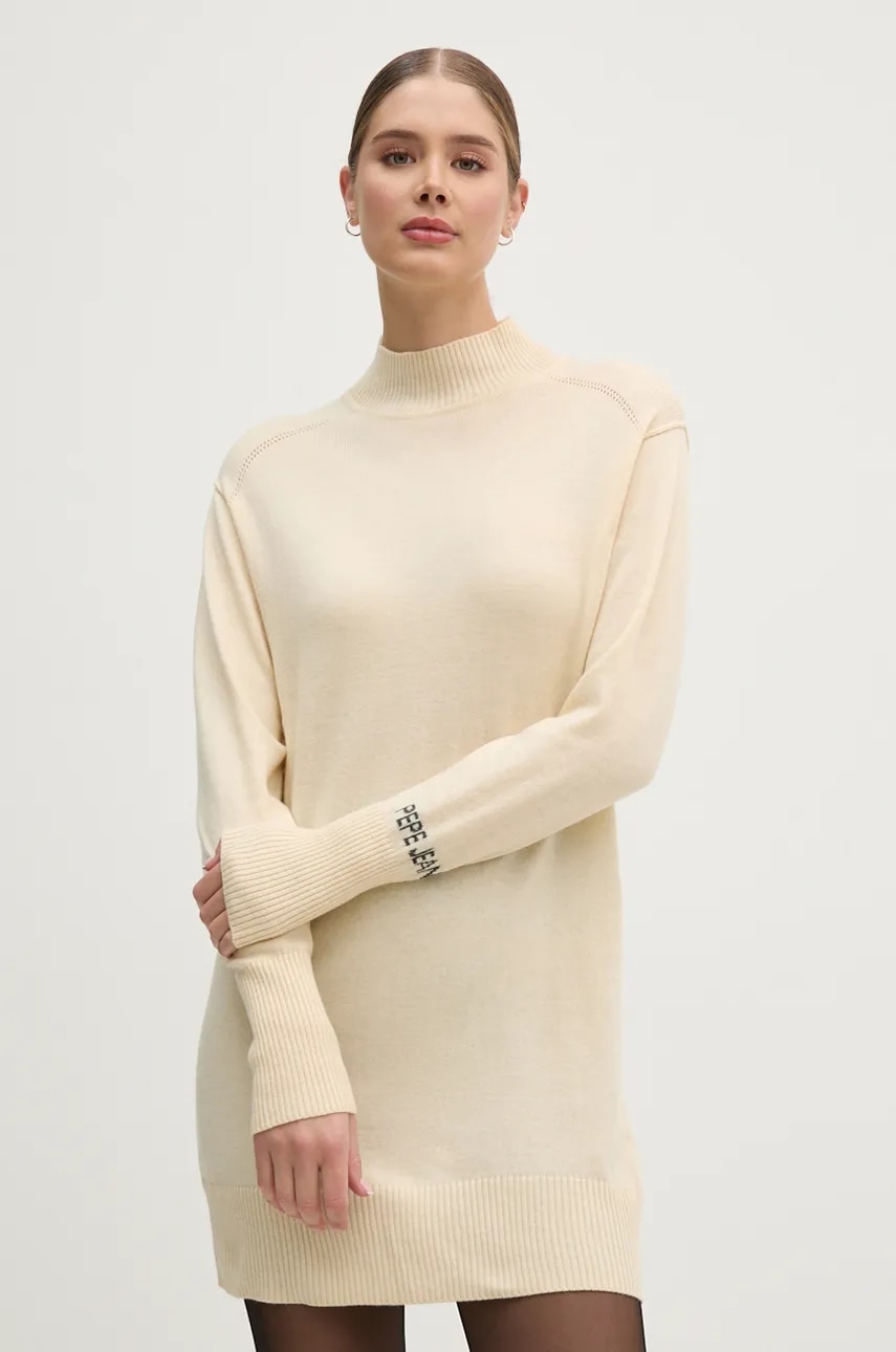 Pepe Jeans rochie din amestec de lana HAZEL DRESS culoarea bej