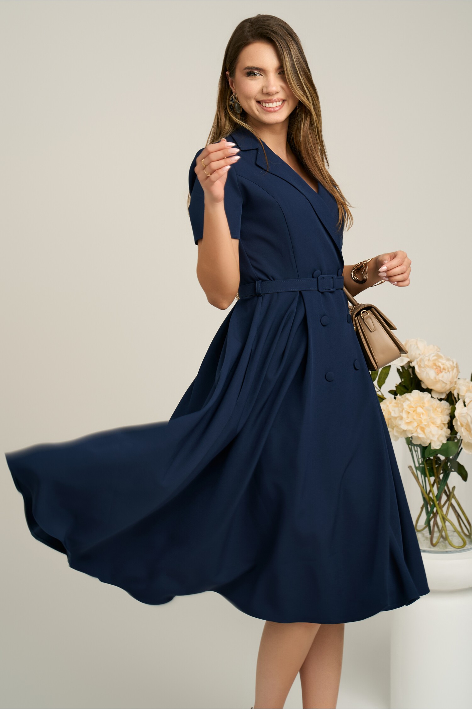 Rochie DY Fashion din stofa bleumarin cu nasturi si curea in talie