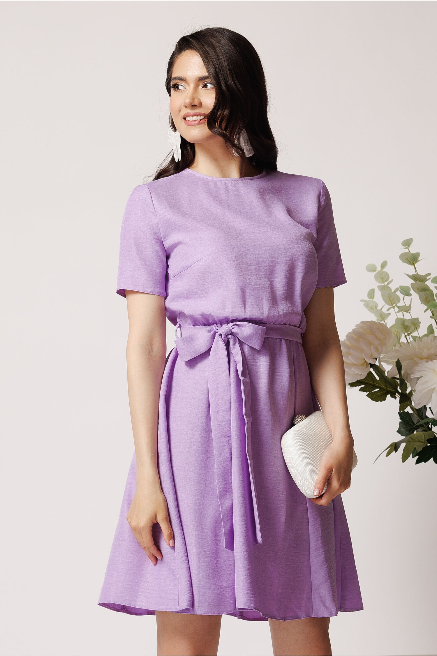 Rochie DY Fashion din viscoza lila cu cordon in talie