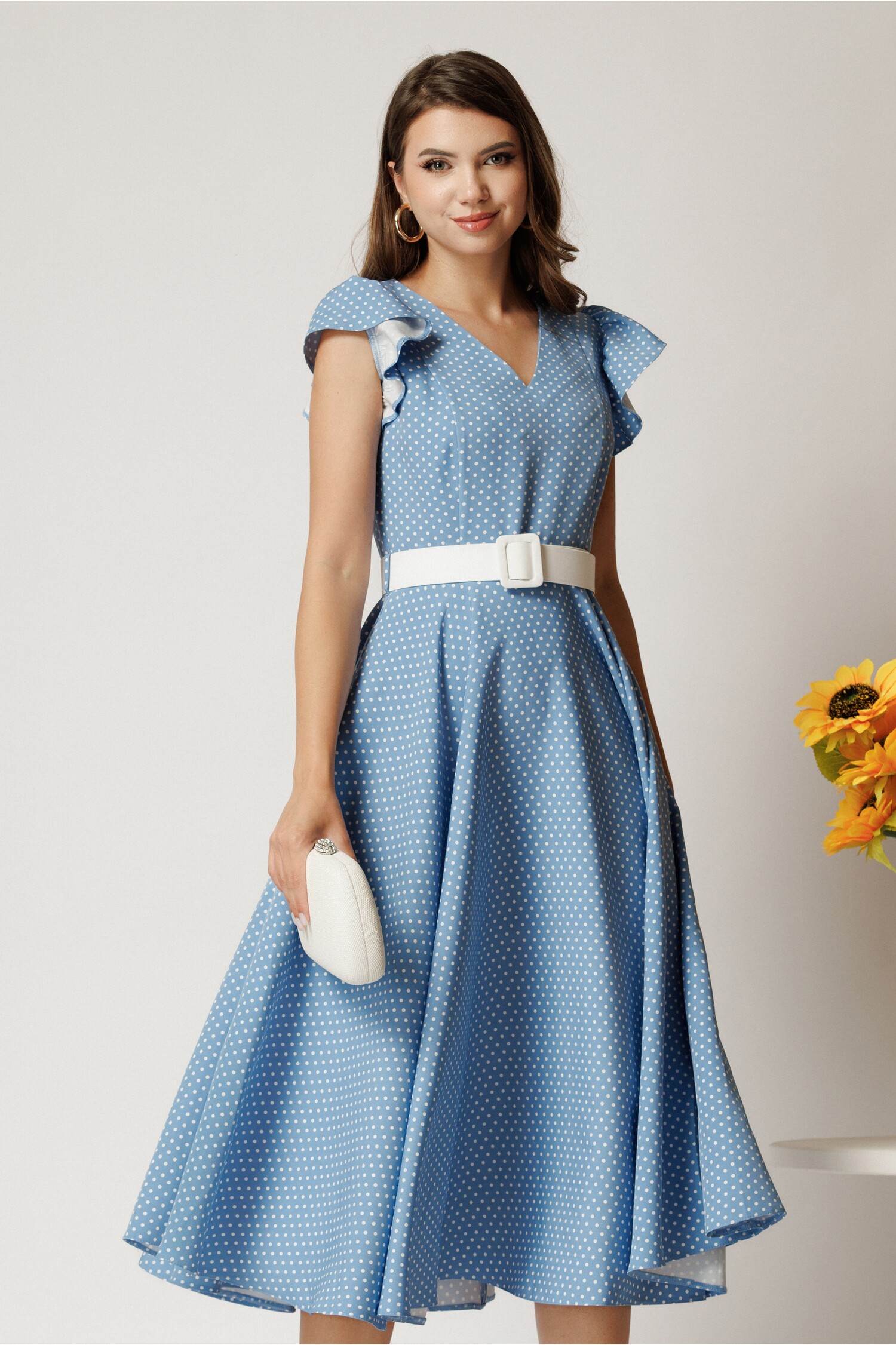 Rochie DY Fashion midi bleu din stofa in clos cu buline si curea in talie