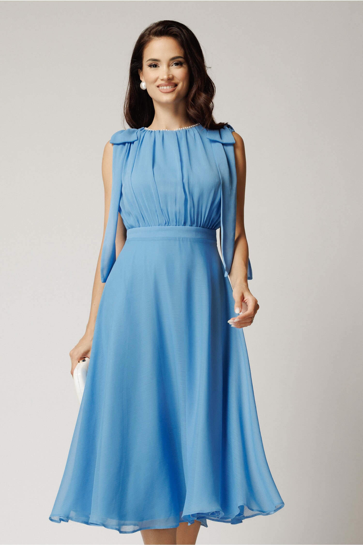 Rochie DY Fashion midi bleu din voal in clos cu funde la umeri
