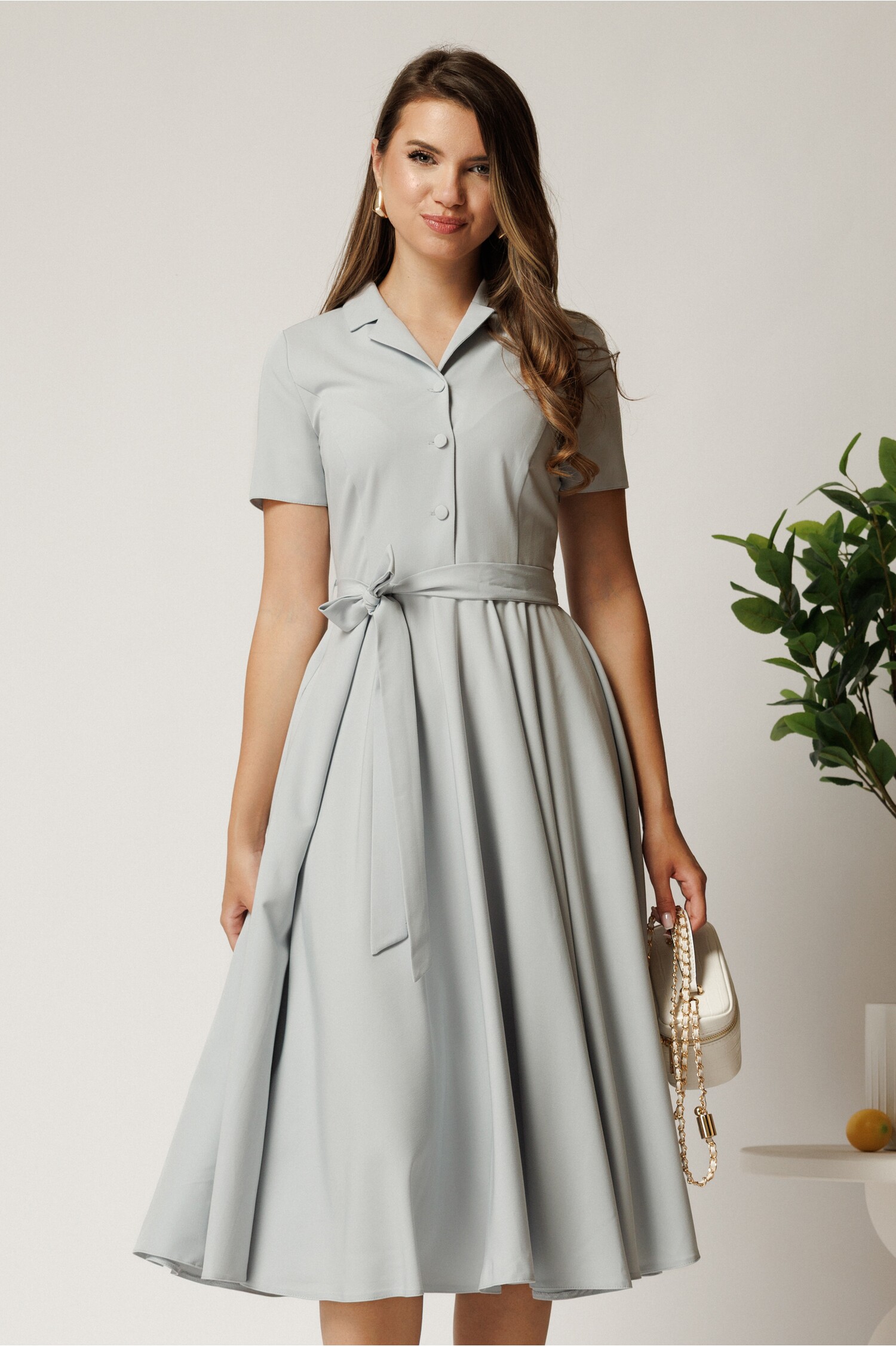 Rochie DY Fashion midi gri din stofa subtire cu cordon si buzunare