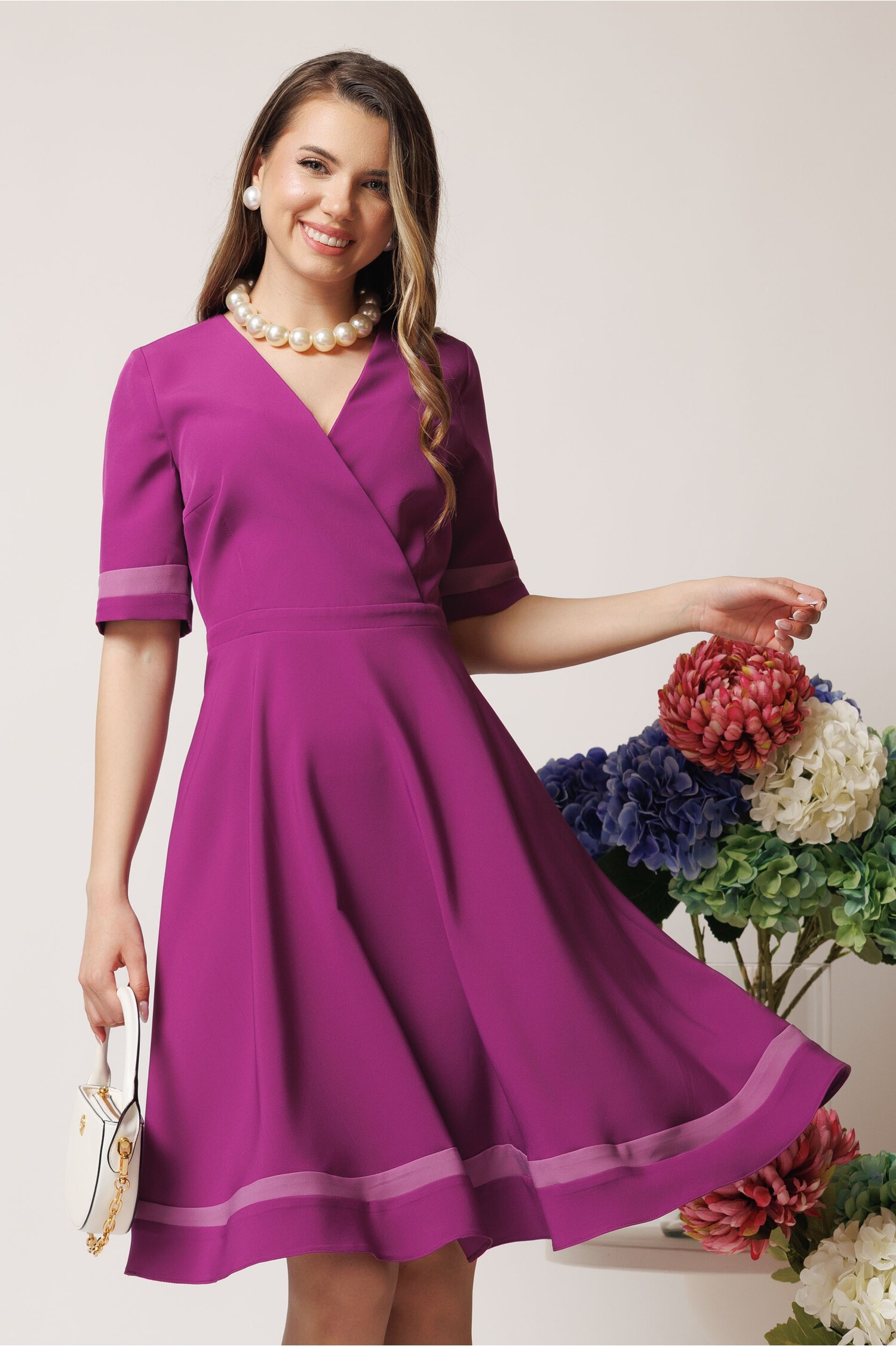 Rochie DY Fashion office din stofa mov cu benzi lila