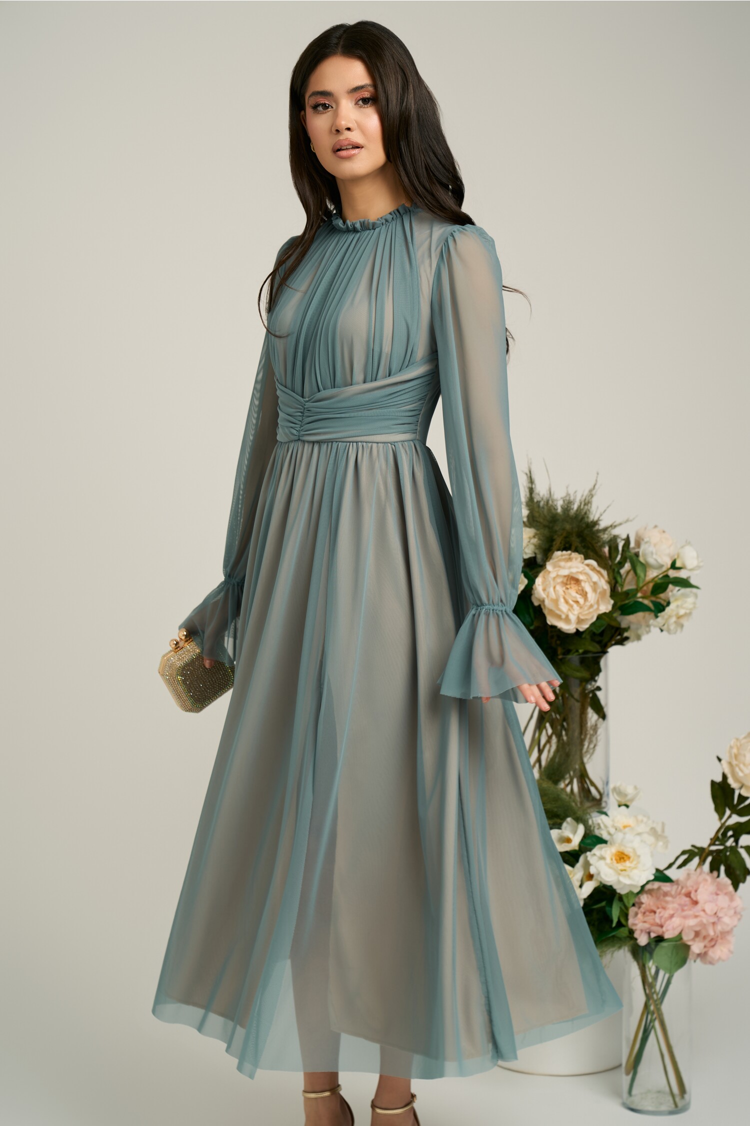Rochie Dy Fashion gri de ocazie din tull fin