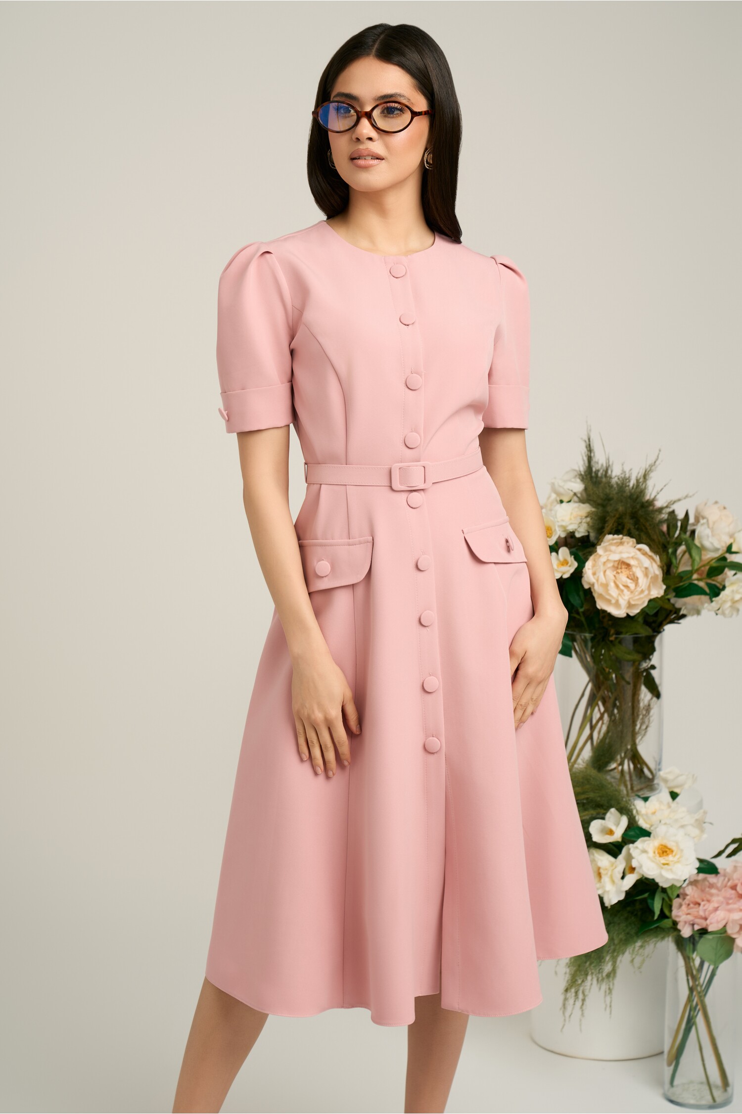 Rochie Dy Fashion roz de zi cu nasturi si curea in talie