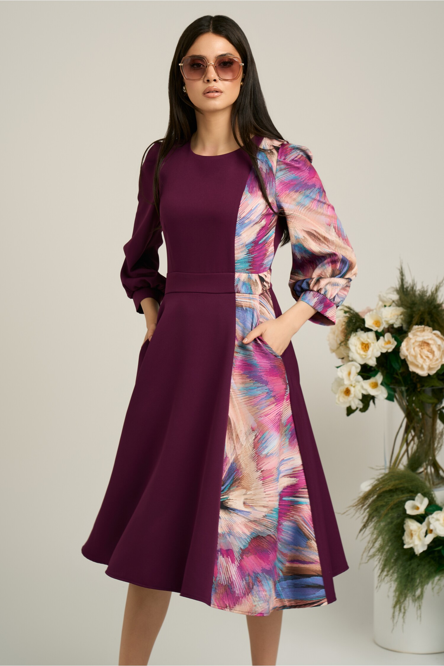 Rochie Ella Collection Dasha de zi din stofa magenta cu imprimeu