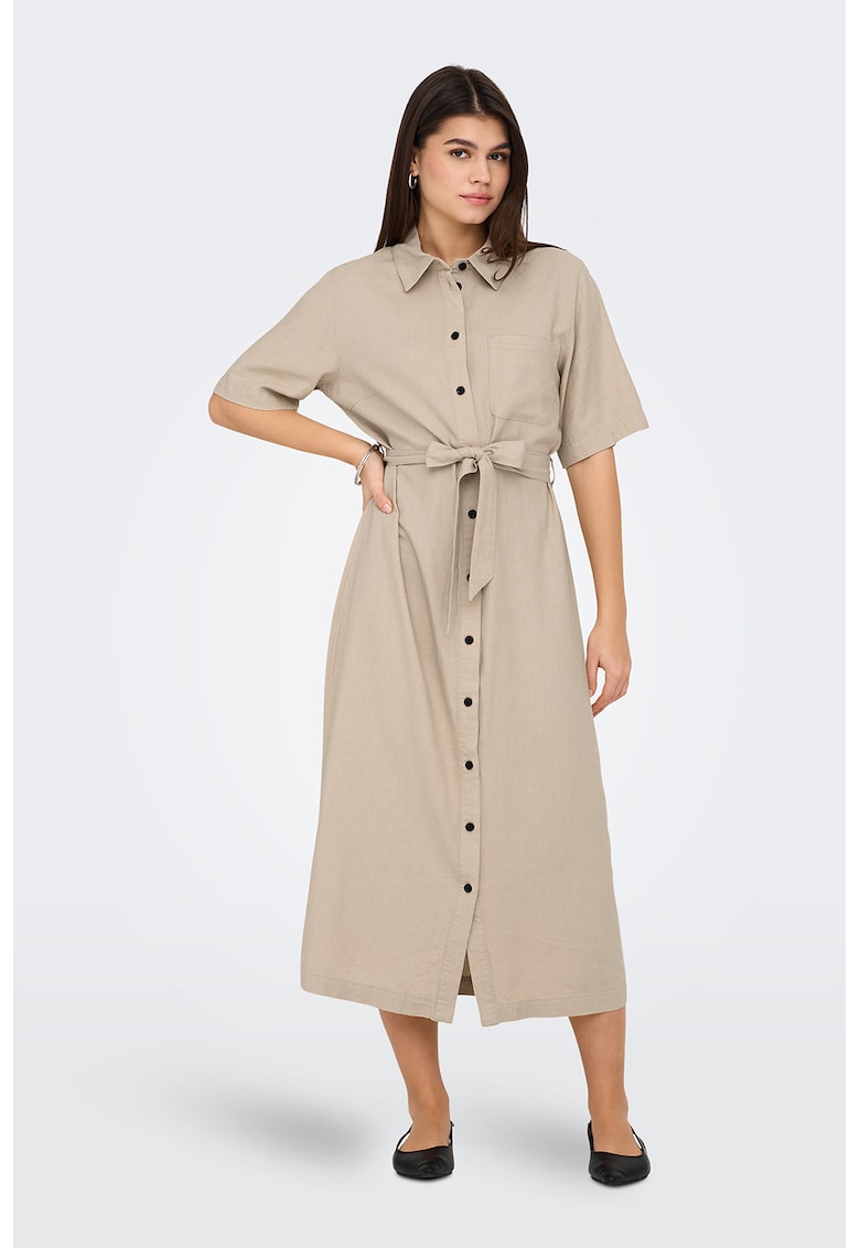 Rochie-camasa midi din amestec de in cu cordon in talie