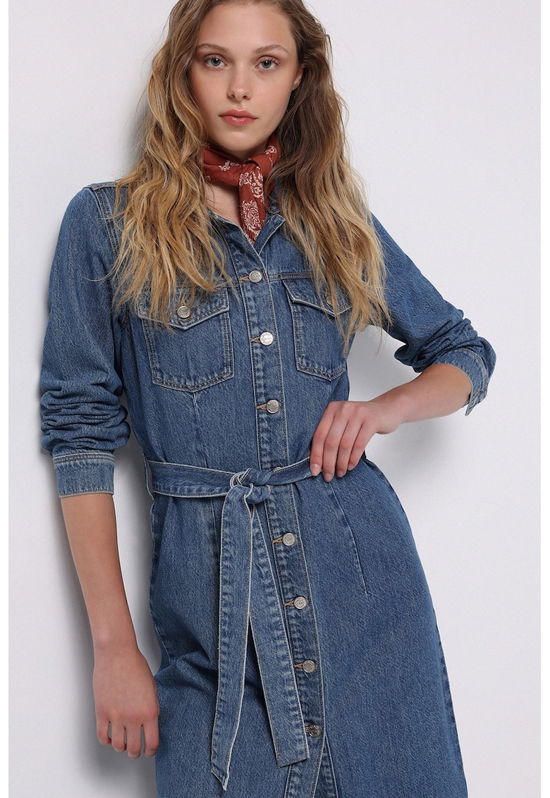 Rochie-camasa midi din denim cu maneci lungi