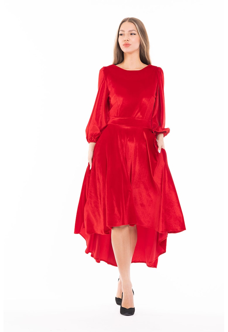 Rochie catifelata asimetrica cu maneci bufante