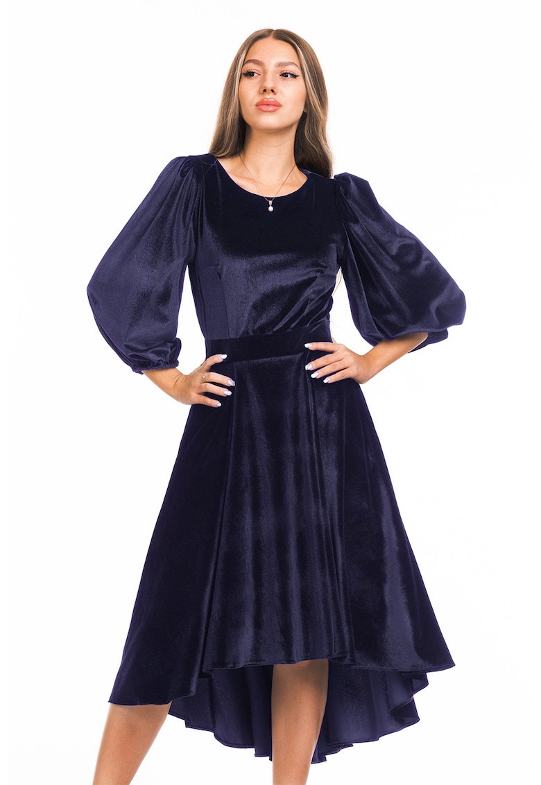 Rochie catifelata asimetrica cu maneci bufante