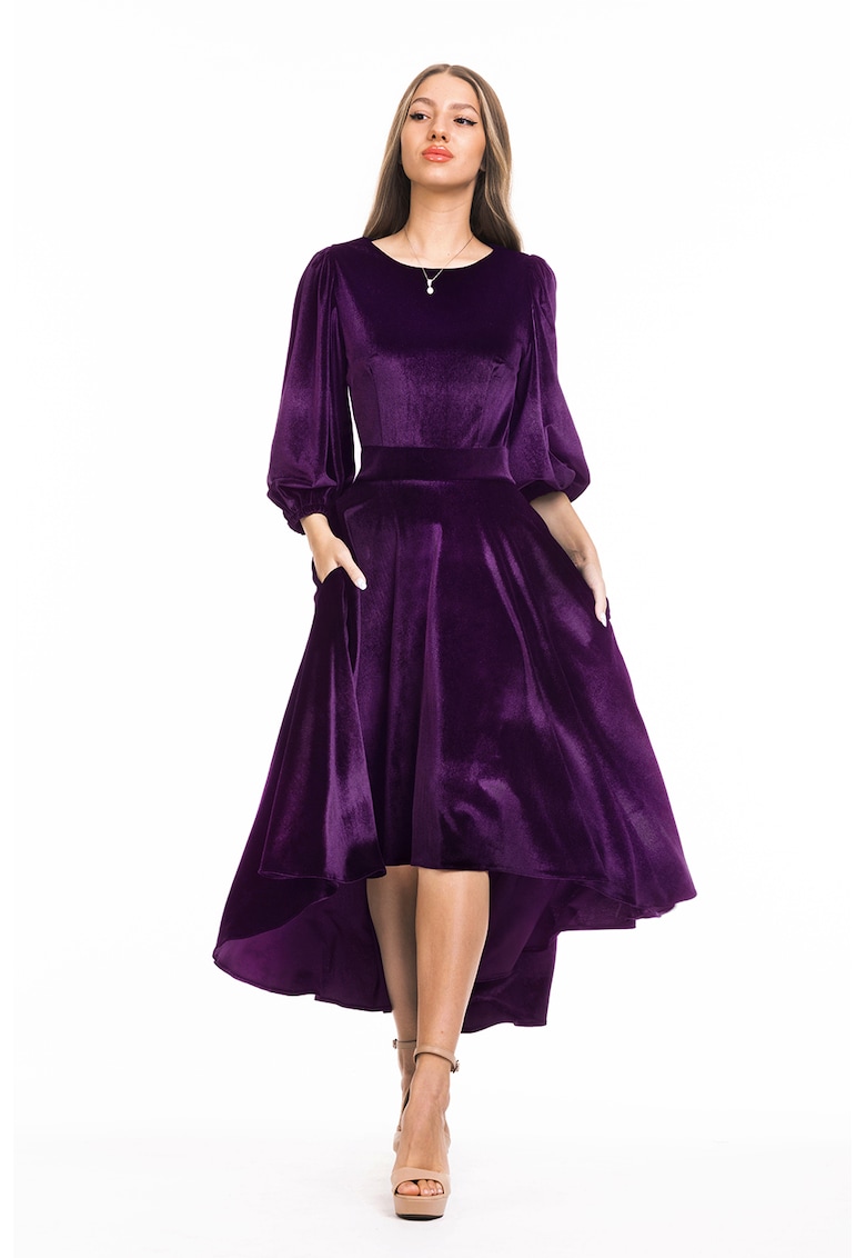 Rochie catifelata asimetrica cu maneci bufante