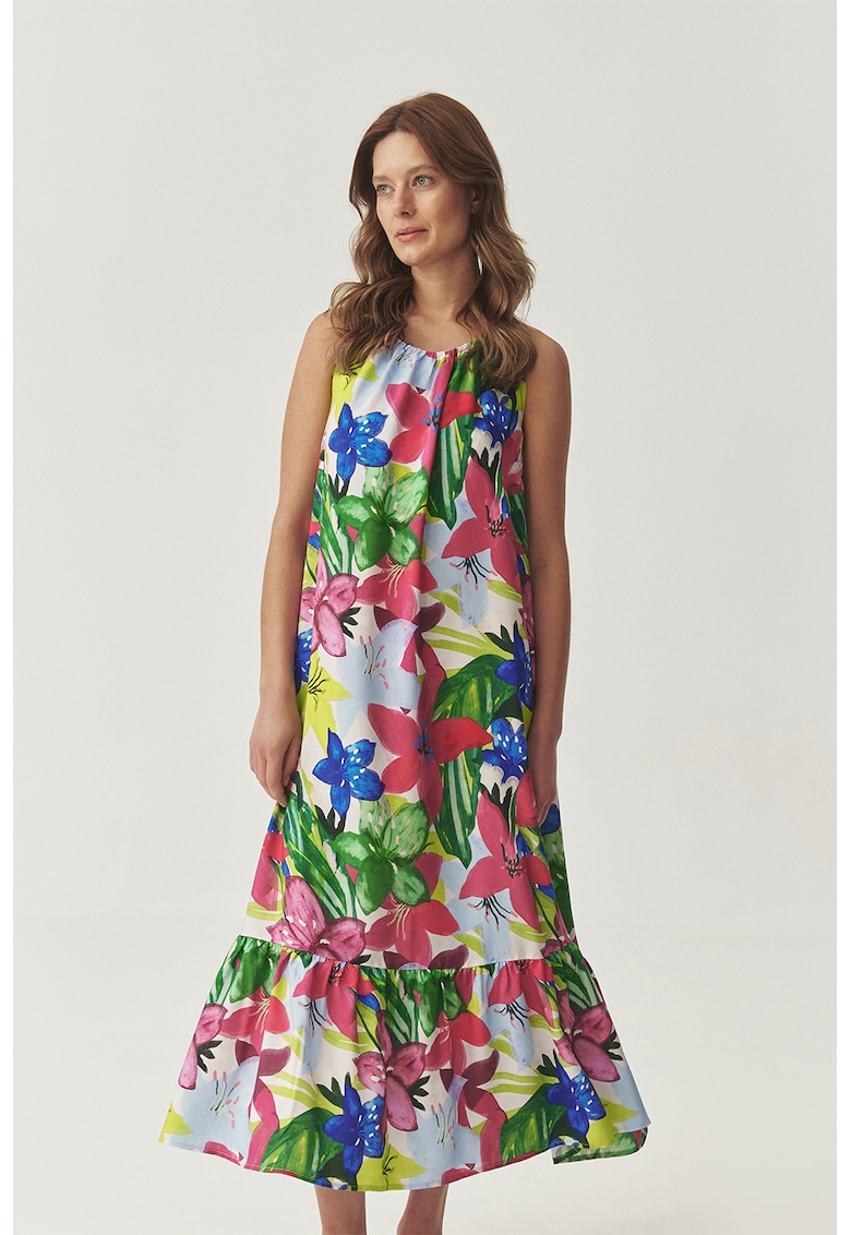 Rochie cu pliuri si model floral - fara maneci