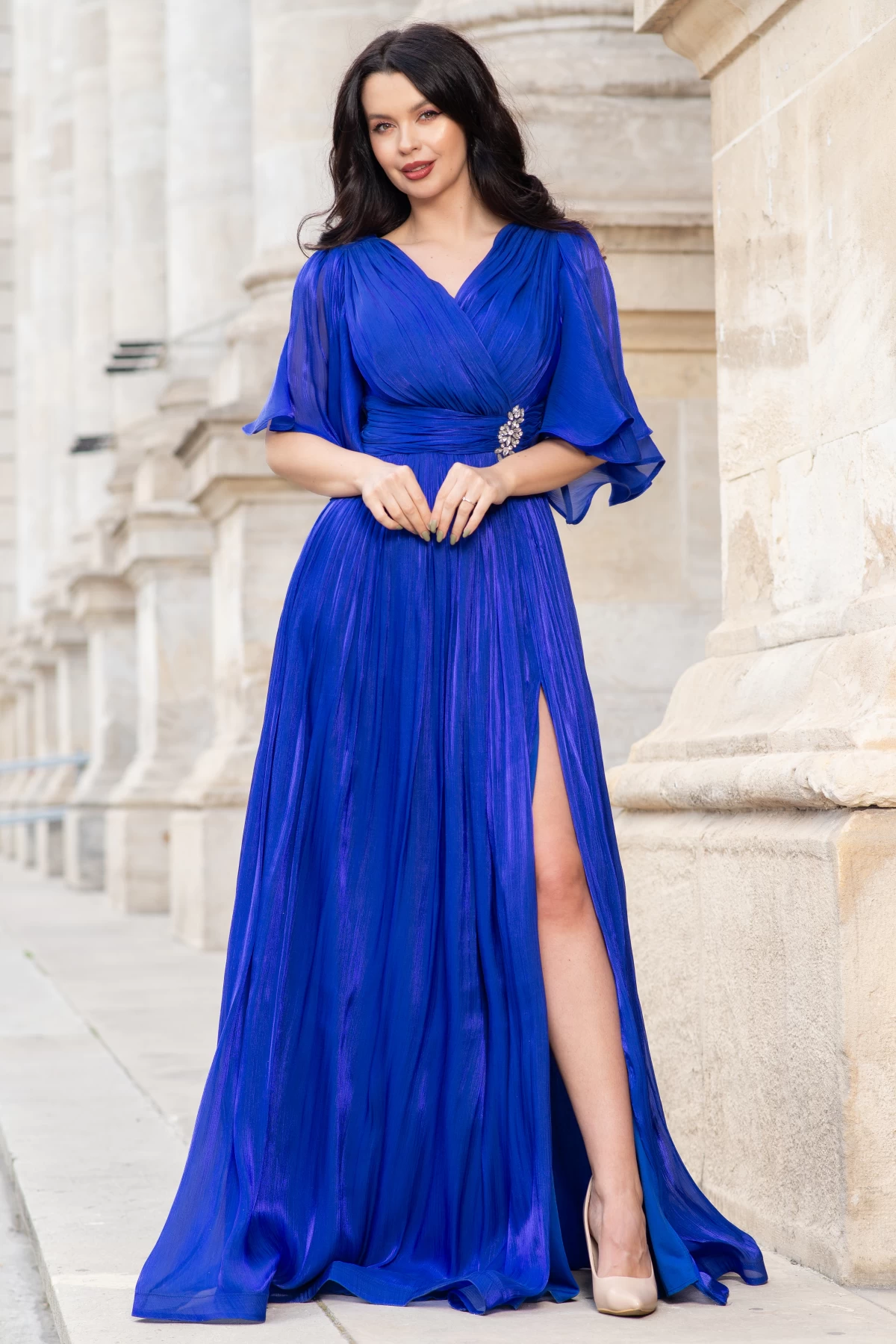 Rochie de seara eleganta Fausta albastra cu maneci fluture si pliseuri