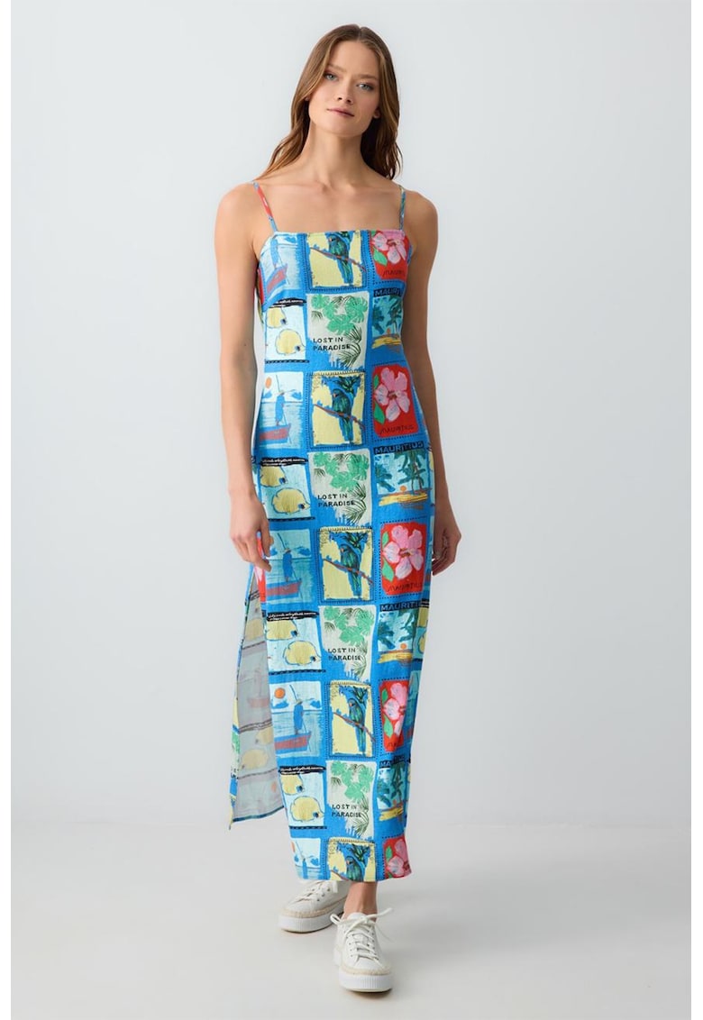 Rochie din amesec de in cu imprimeu tropical