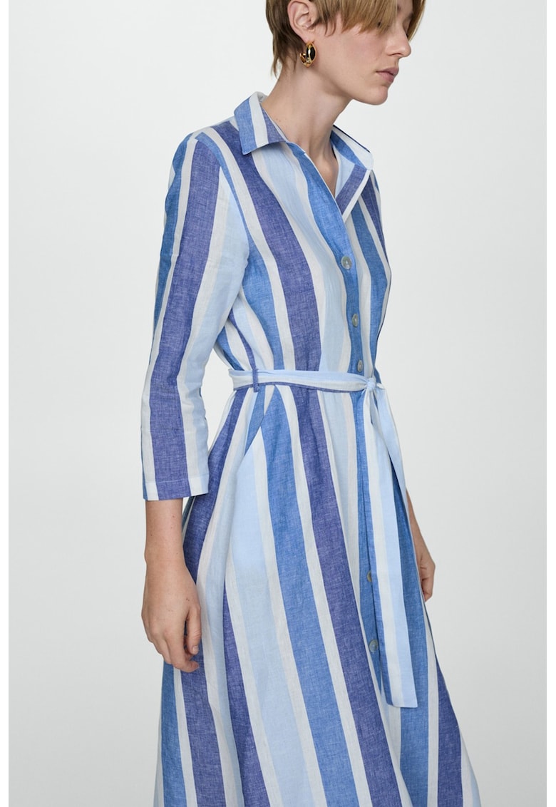 Rochie din amestec de in cu maneci 3/4 si model in dungi
