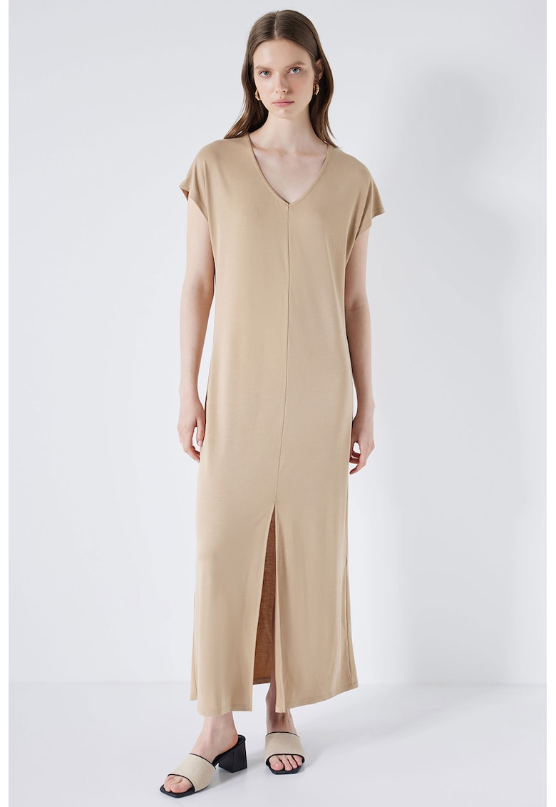 Rochie din amestec de modal cu croiala dreapta si slit frontal