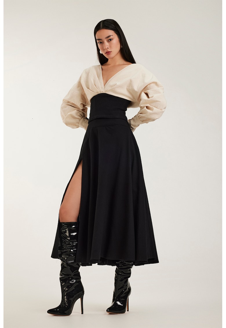 Rochie din bumbac cu decolteu in V si slit frontal Signora