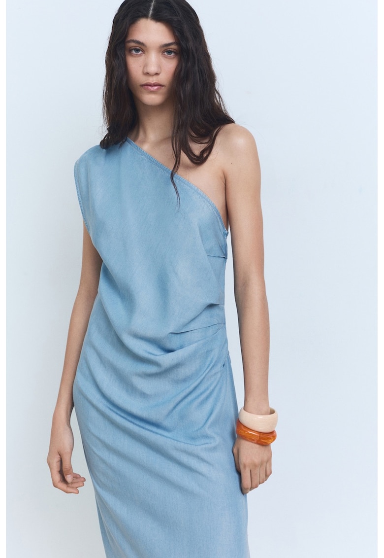 Rochie din lyocell cu slit lateral si decolteu pe un umar